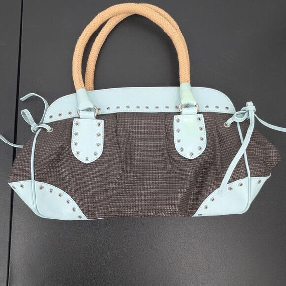 VTG Y2K Kate Landry Matching Handbag & Clutch Set Brown Woven Blue Leather Trim - Picture 2 of 14